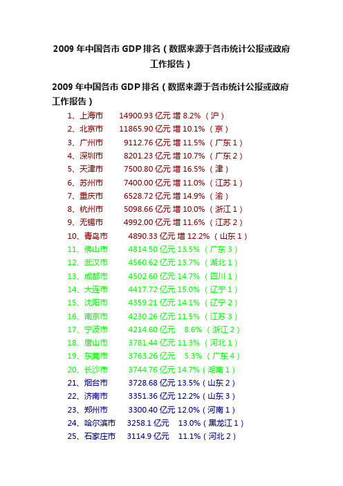 2009年中国各市GDP排名（数据来源于各市统计公报或政府工作报告）