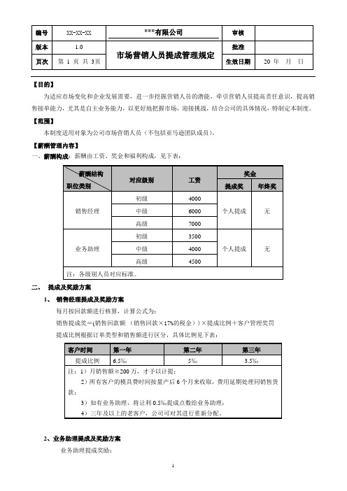 市场营销人员提成管理规定