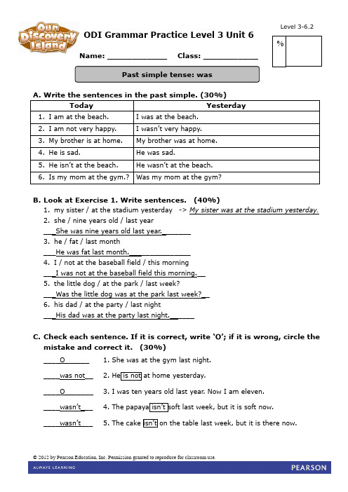 ODI Grammar Practice Level 3 Unit 6 - was  - answer