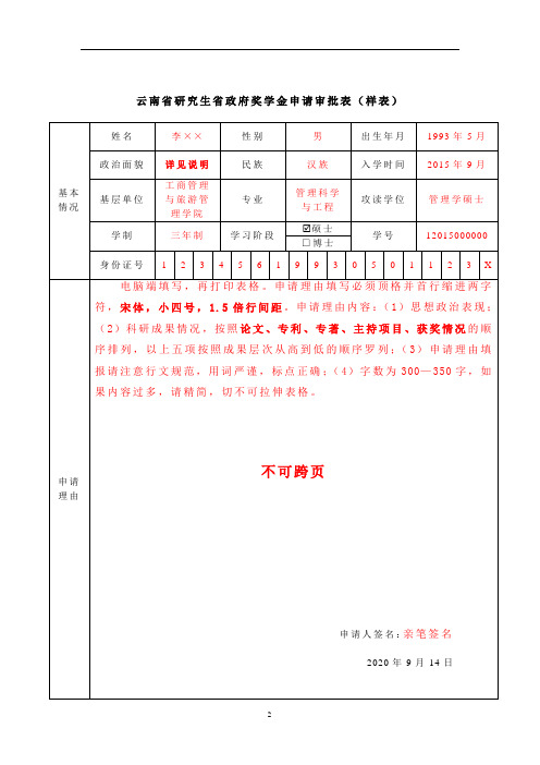 7云南省研究生省政府奖学金申请审批表(样表)