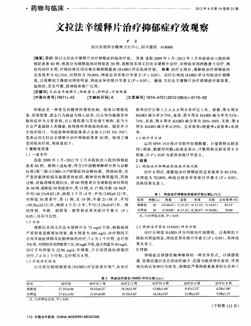 文拉法辛缓释片治疗抑郁症疗效观察