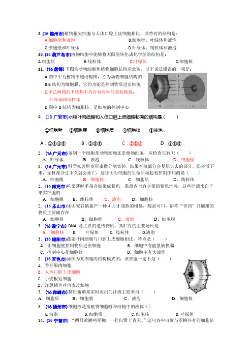 2016年中考生物题汇编(含答案)5细胞结构与功能