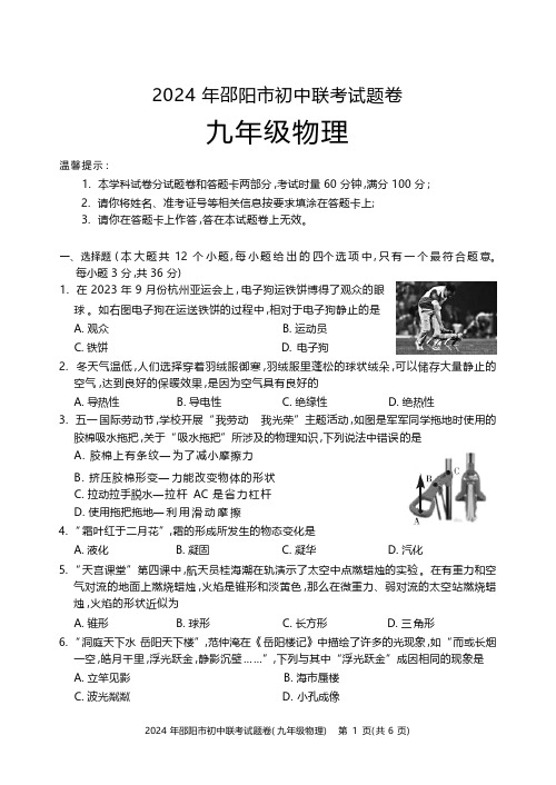 湖南省邵阳市2023-2024学年上学期九年级物理联考试卷(含答案)