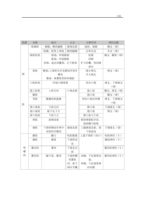 肌肉起止点、作用与神经支配表