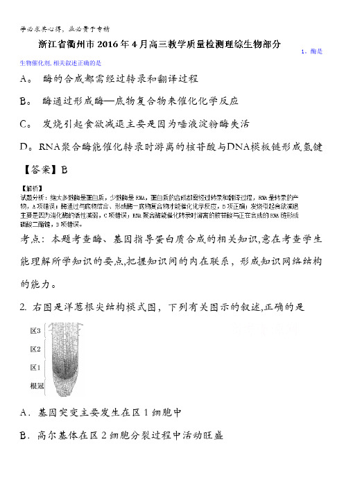 浙江省衢州市2016届高三4月教学质量检测理综生物试题 含解析