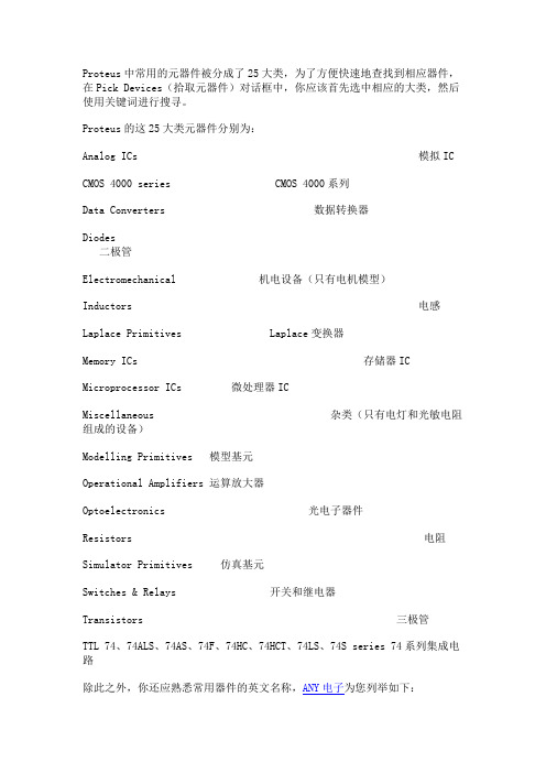 Proteus中常用的元器件中英文名称对照