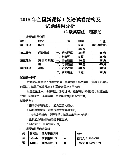 2015年全国新课标I试卷结构及试题结构分析试卷分析