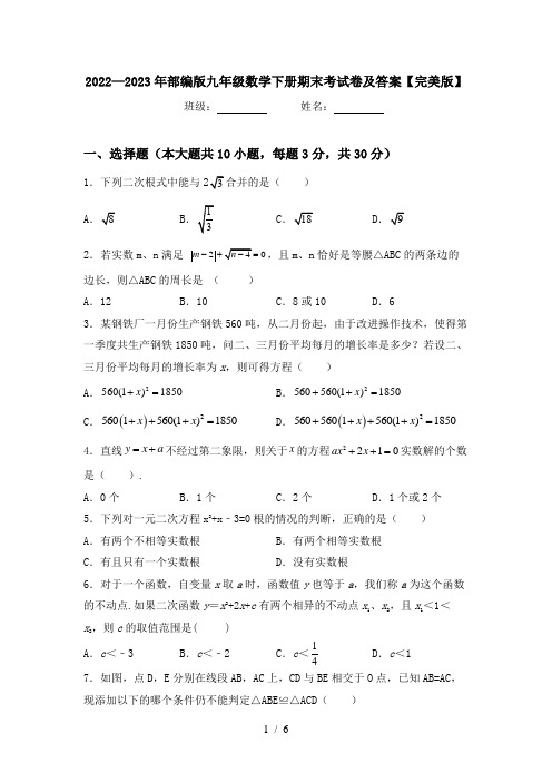 2022—2023年部编版九年级数学下册期末考试卷及答案【完美版】