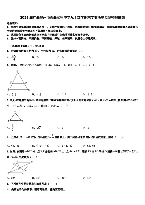 2025届广西柳州市壶西实验中学九上数学期末学业质量监测模拟试题含解析