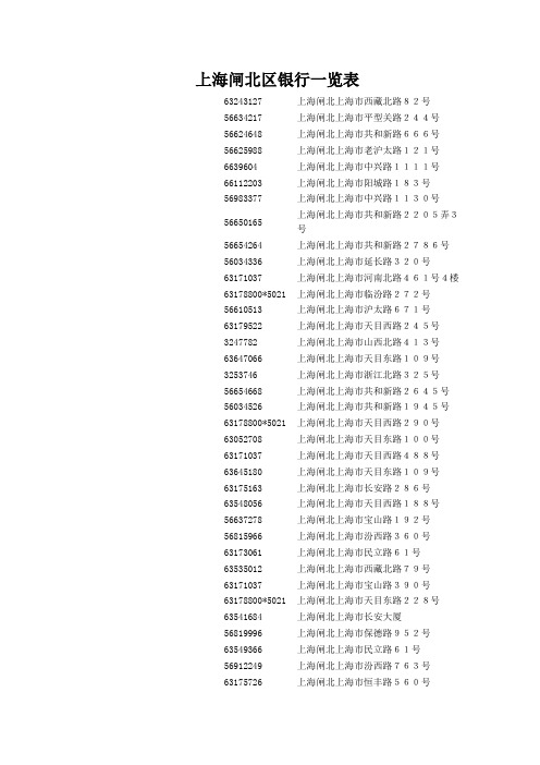 上海闸北区银行一览表格