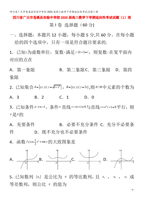 广元市苍溪县实验中学校2020届高三数学下学期适应性考试试题理