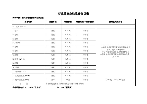 行政性事业性收费价目表