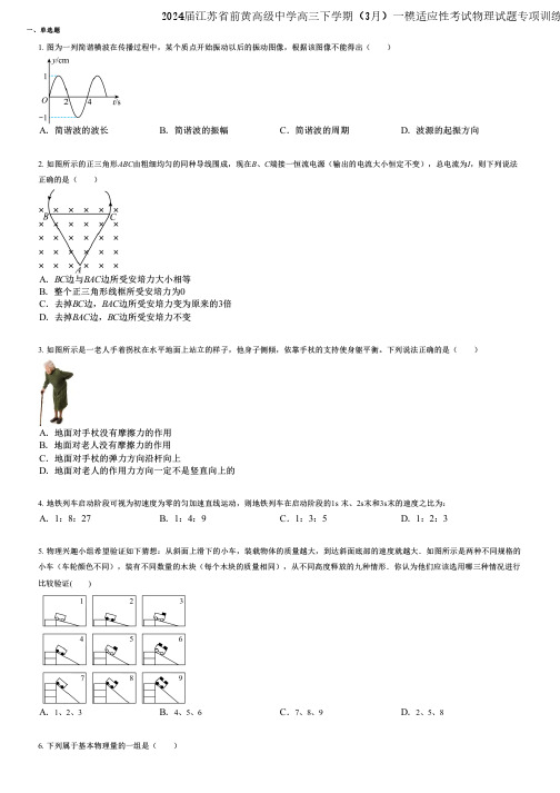 2024届江苏省前黄高级中学高三下学期(3月)一模适应性考试物理试题专项训练版