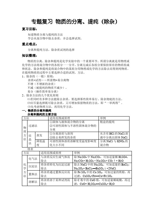 人教版九年级化学专题复习物质的分离、提纯(除杂)课程教学设计