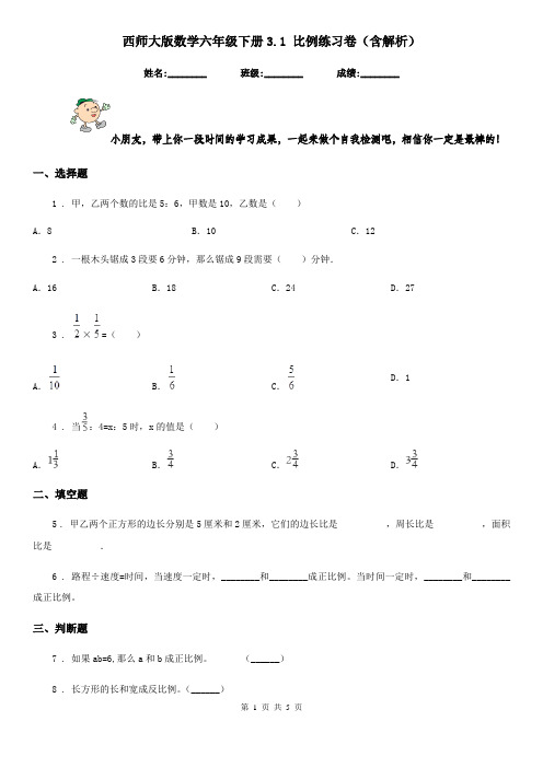 西师大版数学六年级下册3.1 比例练习卷(含解析)新版