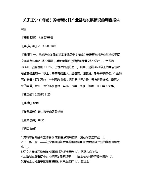 关于辽宁（海城）菱镁新材料产业基地发展情况的调查报告