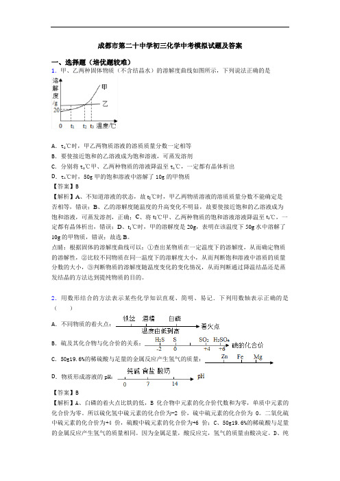 成都市第二十中学初三化学中考模拟试题及答案