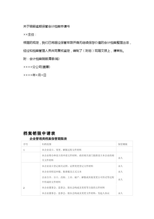 关于销毁逾期保管会计档案申请书