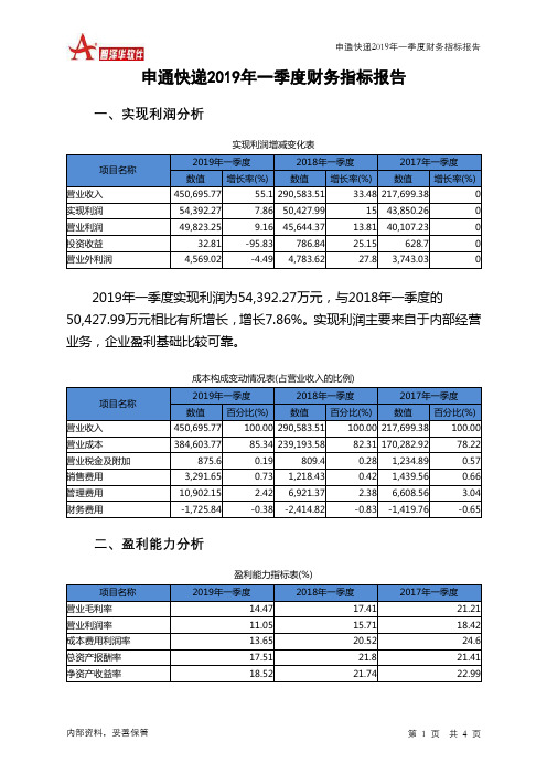 申通快递2019年一季度财务指标报告