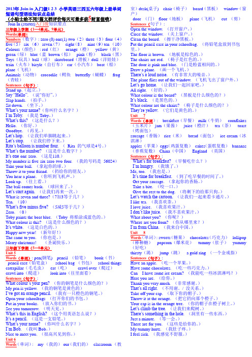 2013年Join in入门级1 2 3 小学英语三四五六年级上册单词短语句型语法知识点总结