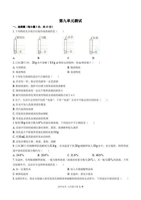 人教版化学九年级下册： 第九单元 溶液 单元测试卷(含答案)