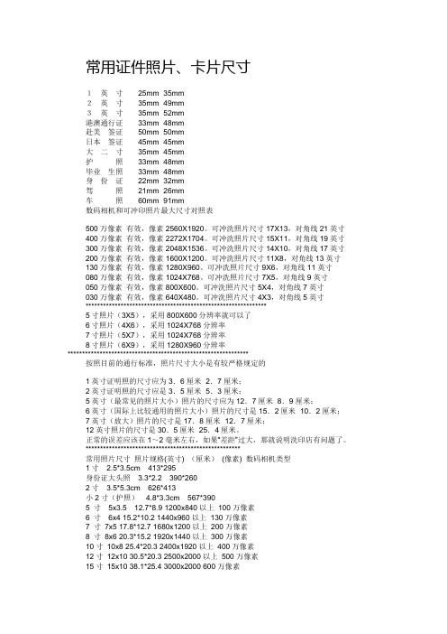 常用证件照片卡片尺寸