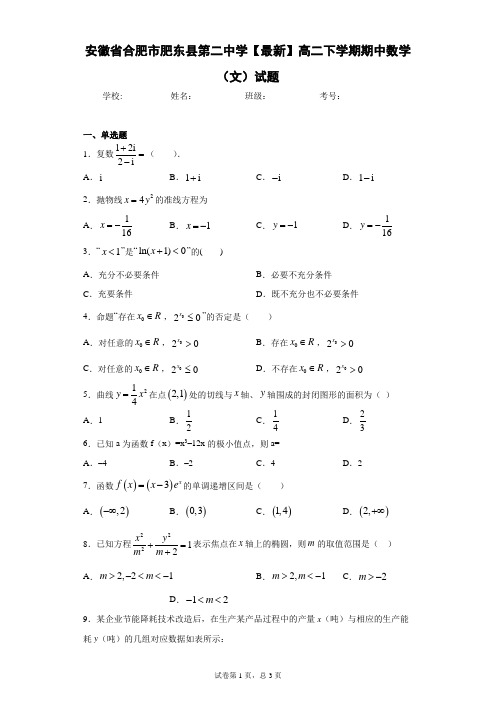 安徽省合肥市肥东县第二中学2020-2021学年高二下学期期中数学(文)试题