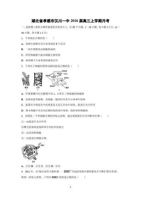 【生物】湖北省孝感市汉川一中2016届高三上学期月考