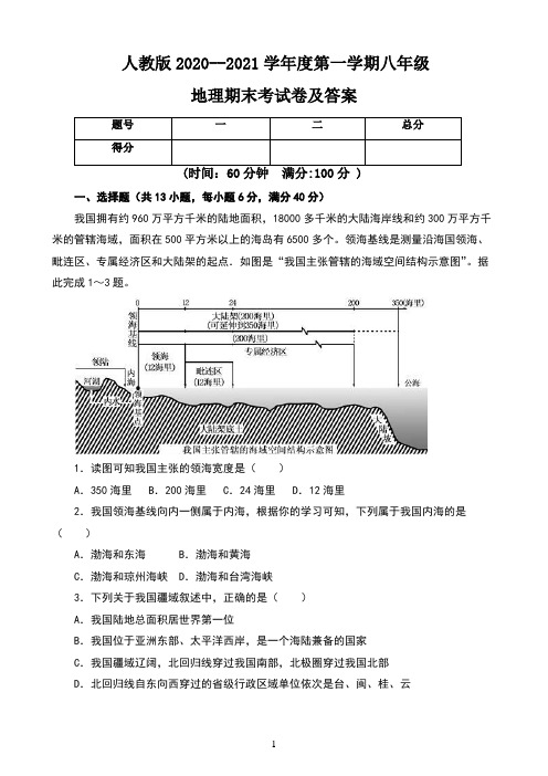 人教版2020--2021学年度第一学期八年级地理期末考试卷及答案(含四套题)