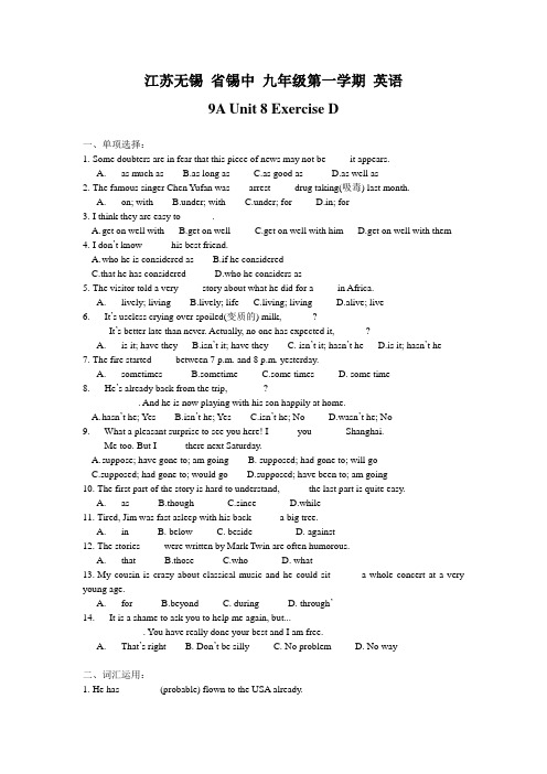 江苏省锡山高级中学实验学校 九年级第一学期 英语 9A Unit 8 Exercise D