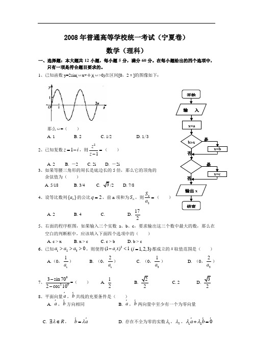 2008年高考宁夏理科数学试卷及答案