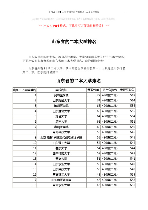 【推荐下载】山东省的二本大学排名-word范文模板 (3页)