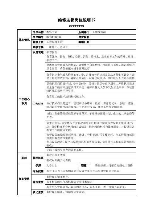 4、维修主管岗位说明书