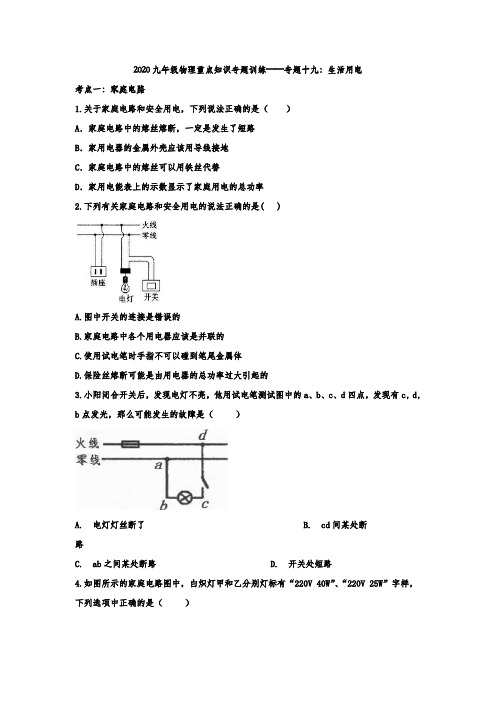 2020九年级物理重点知识专题训练——专题十九：生活用电