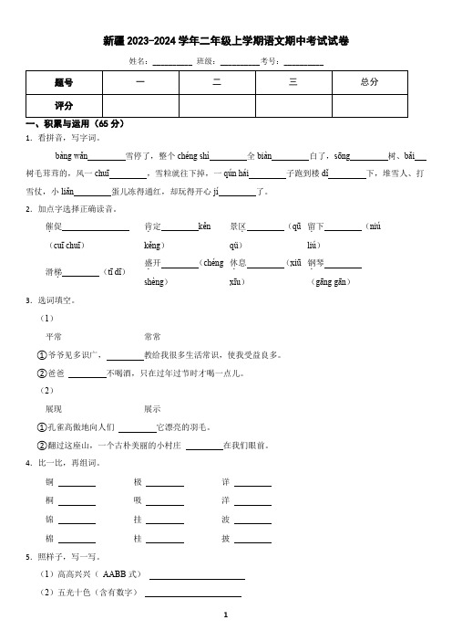 新疆2023-2024学年二年级上学期语文期中考试试卷(含答案)