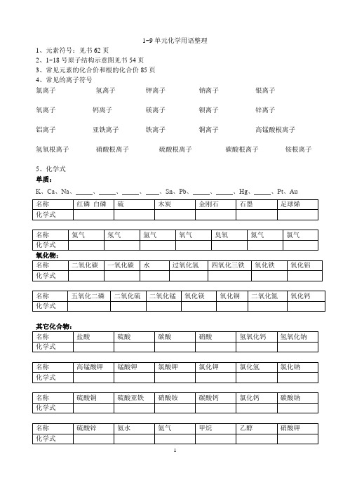 初中化学1~9单元 化学用语整理