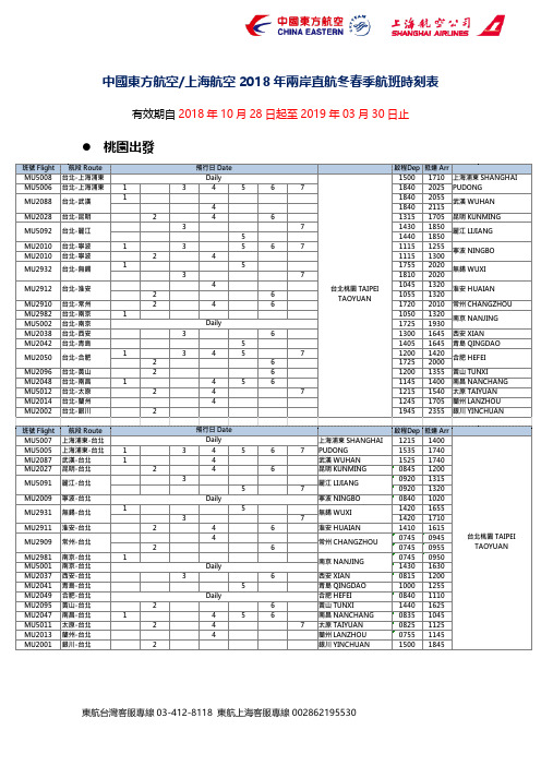 中国东方航空上海航空2018年两岸直航冬春季航班时刻表