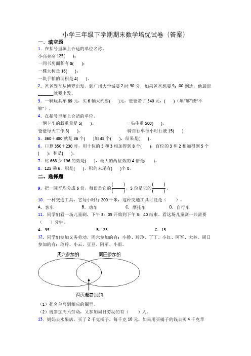 小学三年级下学期期末数学培优试卷(答案)