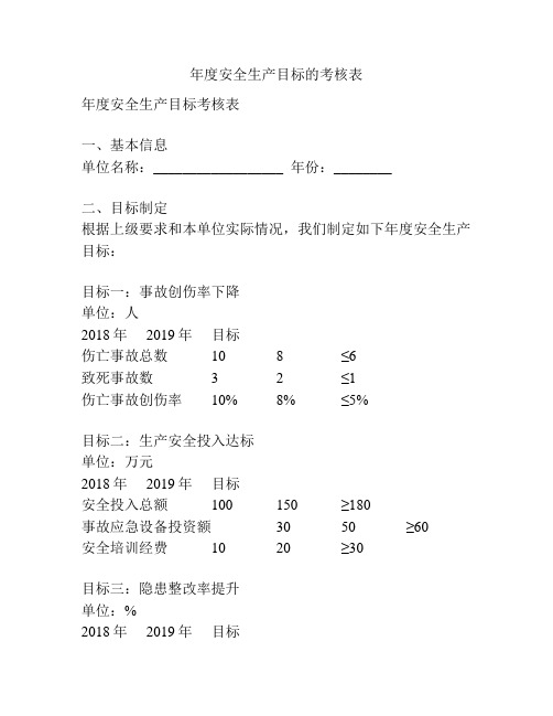 年度安全生产目标的考核表