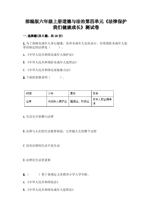 部编版六年级上册道德与法治第四单元《法律保护我们健康成长》测试卷附答案(考试直接用)