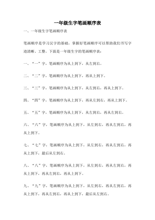 一年级生字笔画顺序表