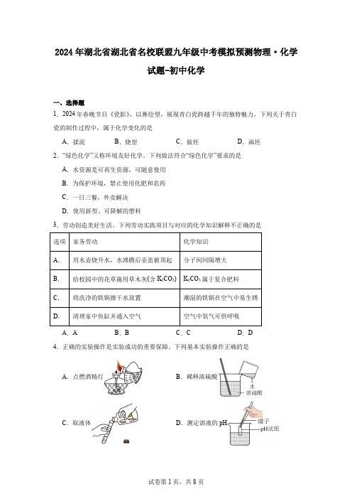 2024年湖北省湖北省名校联盟九年级中考模拟预测物理化学试题-初中化学