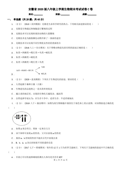 安徽省2020版八年级上学期生物期末考试试卷C卷(新版)