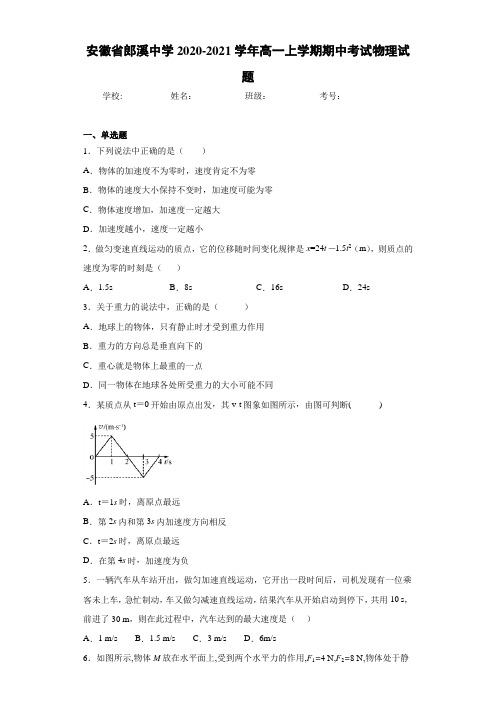 安徽省郎溪中学2020-2021学年高一上学期期中考试物理试题