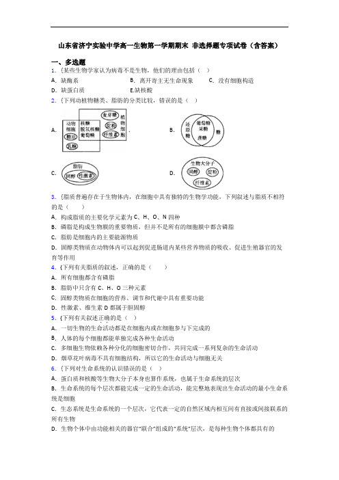 山东省济宁实验中学高一生物第一学期期末 非选择题专项试卷(含答案)