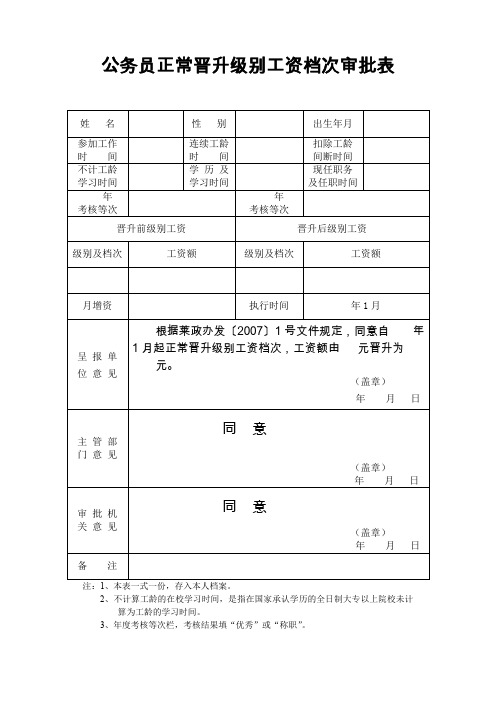 公务员正常晋升级别工资档次审批表.