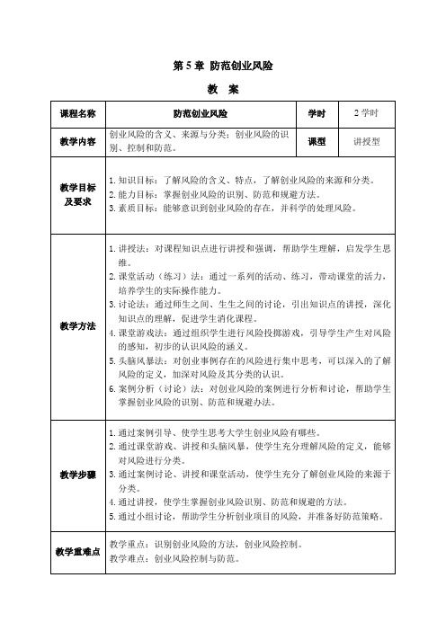 大学生创新基础教案第5章 防范创业风险