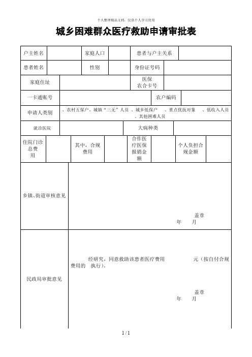 城乡困难群众医疗救助申请审批表