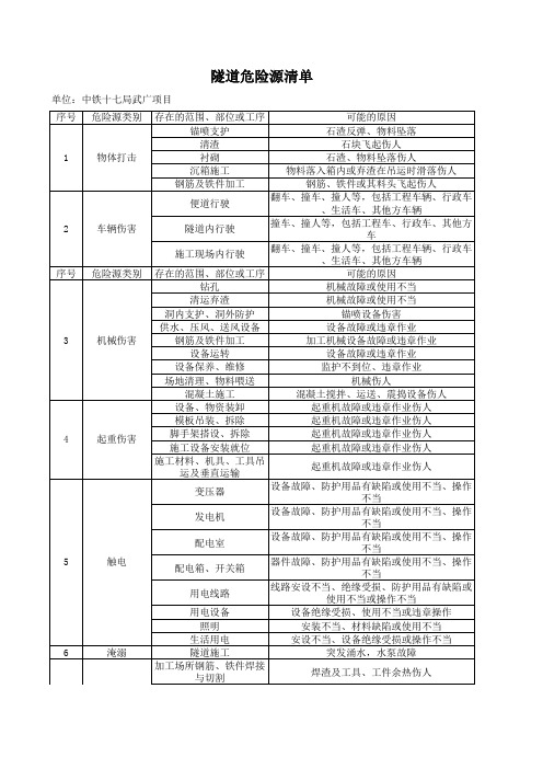 隧道危险源清单