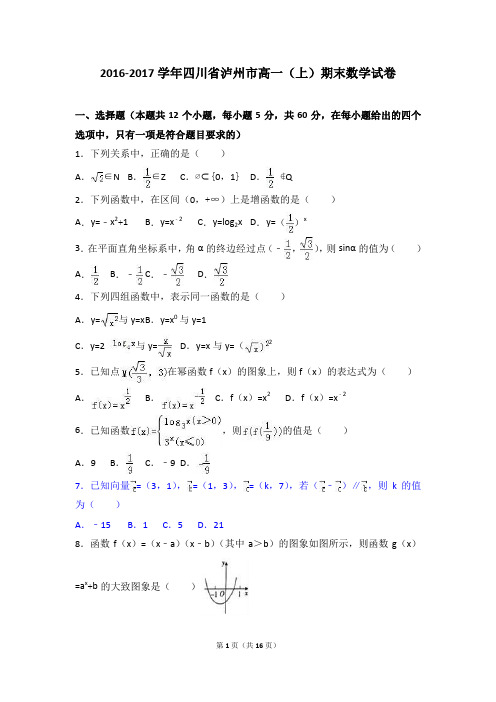 四川省泸州市2016-2017学年高一(上)期末数学试卷(解析版)